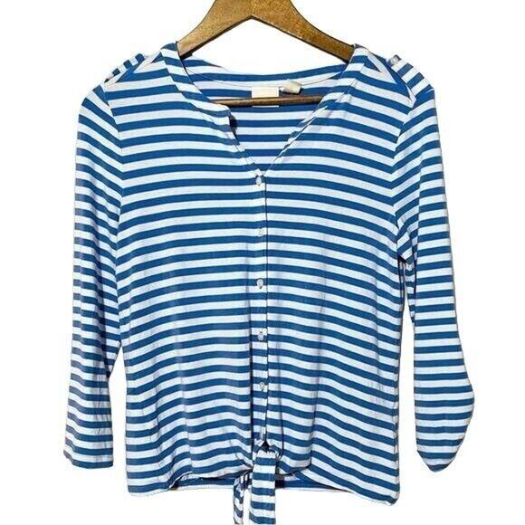 Chico's Button Down Tie Front Hem Shirt Blue/White Stripe Knit Size Small - Picture 1 of 10